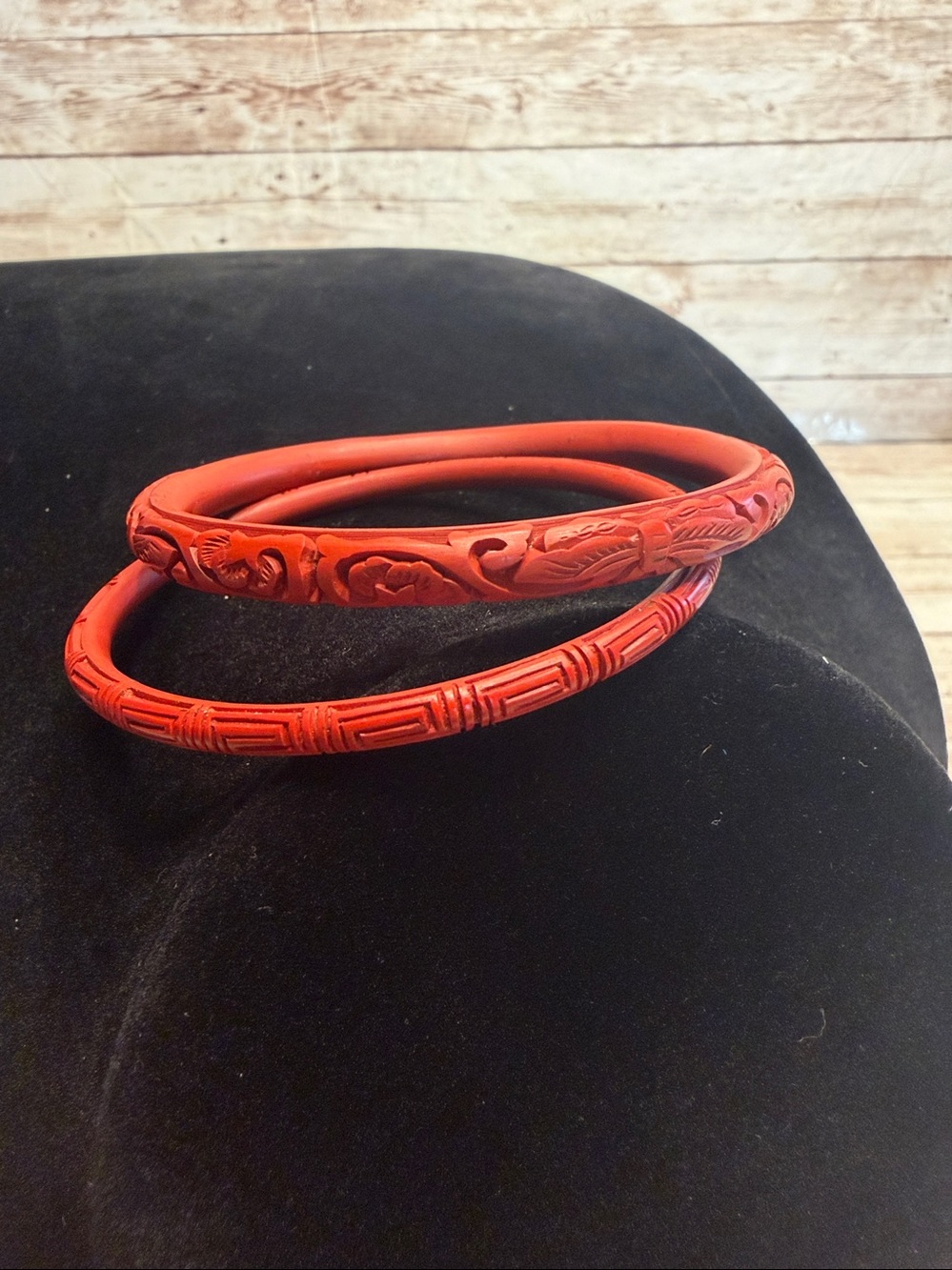 2 Antique Shou Chinese Carved Red Cinnabar Bangle Bracelets
